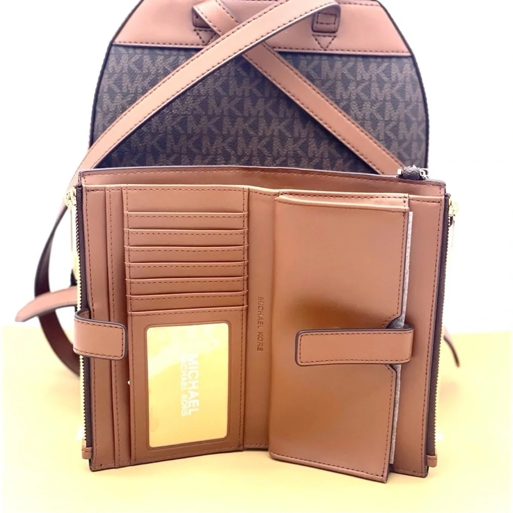 MICHAEL KORS JAYCEE MEDIUM BACKPACK & LARGE DOUBLE ZIP WALLET SET BROWN/GOLD